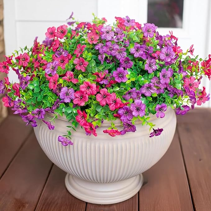 HyeFlora Artificial Flowers for Outdoor Indoor Garden Home Decoration, Faux Flower Daisy with Eucalyptus Leaves Fake Plants Greenery Boxwood Porch Patio, 12 Bundles (Purple Pink)