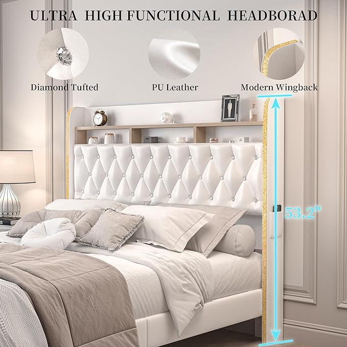 King LED Bed Frame with 2 Storage Drawers, PU Upholstered Platform Beds with Galaxy Star Projector Charging Station Speaker, Aurora Bedframe with 2-Tier Storage Headboard, Noise-Free, White