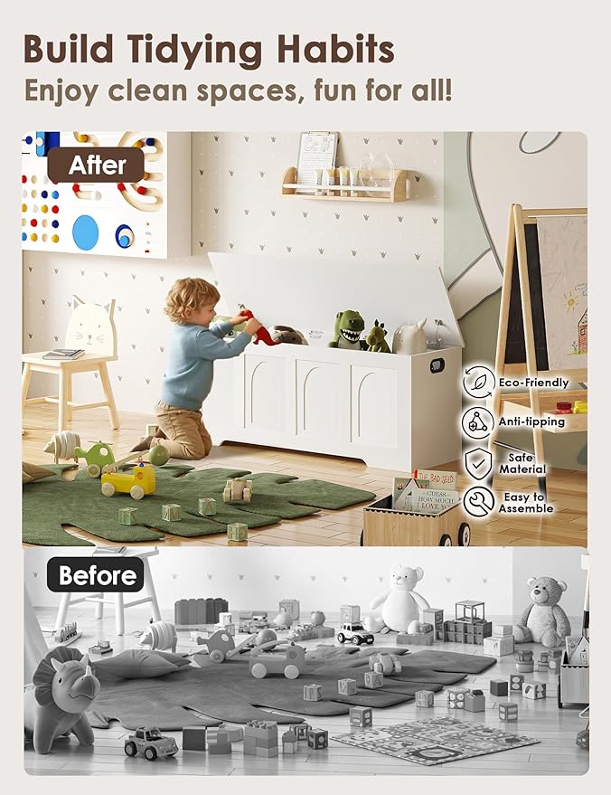 DINZI LVJ Storage Chest, 50” Extra Large Storage Bench with 2 Safety Hinges, Wooden Toy Box with Flip-Top, Large Trunk for Living Room, Playroom, Easy Assembly, White