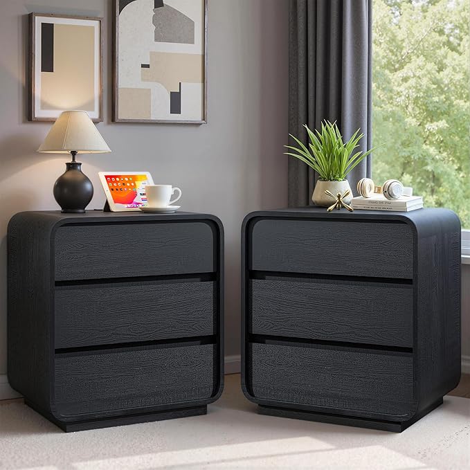 Black Curved Night Stand Set of 2 with Charging Station, 25" Tall Wood Bedside Table Nightstand with 3 Storage Drawers, Mid Century Modern End Table for Bedroom, Office