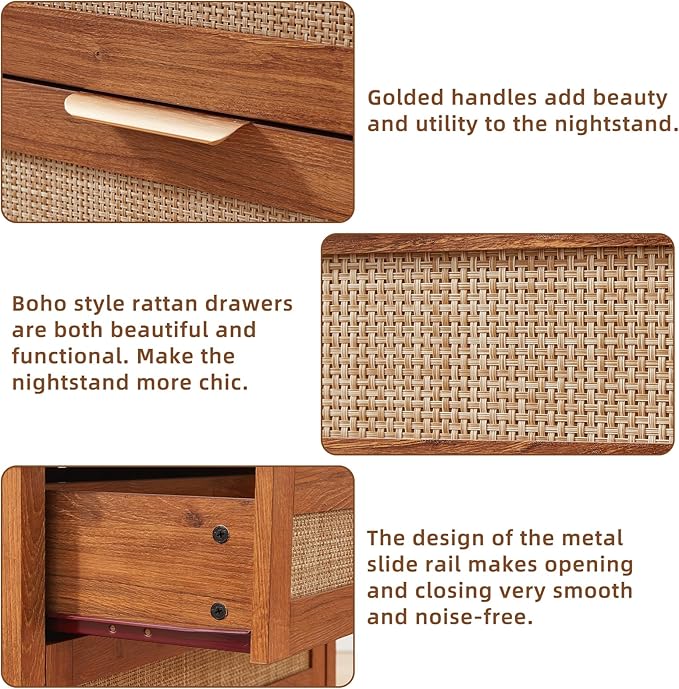 LEYAOYAO 31.5" Wide Rattan Night Stand with Charger Station, Oversized Large Boho Nightstand with 2 Drawer, Tea Brown Bed Side End Tables, Tall Bedside Table for Bedroom Living Room, Hallway