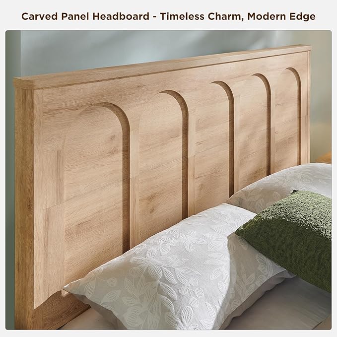 ACCOHOHO Queen Size Bed Frame Modern with 52" Tall Arched Recessed Headboard and 4 Drawers, Solid Wood Slats Support, Wood Platform, Noise Free, No Box Spring Needed, (Natural Oak)