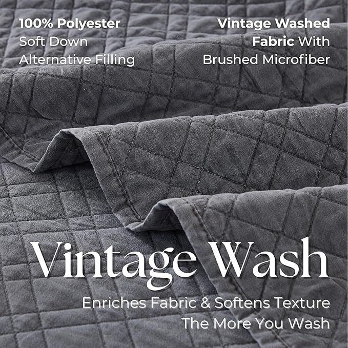 Cali King Quilt Set with Shams Lightweight Quilted Bedspread Coverlet Thin Comforter Bed Cover Vintage Washed Quilted Blanket for All Season, Brushed Microfiber Diamond Stitching, Ash Gray, 111"x92"