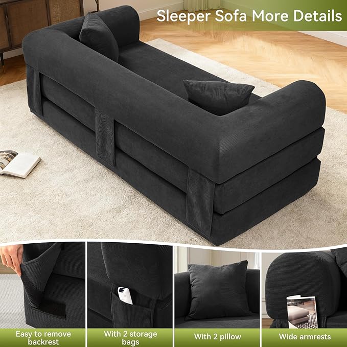 Convertible Futon Sofa Bed,80" Folding Pull Out Couch Bed with Pillows & Storage,Queen Sleeper Sofa Bed,Compressed Couch in a Box,Corduroy Boneless Couches for Living Room,Deep Gray