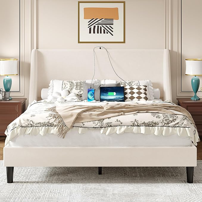 VECELO Queen Bed Frame with Upholstered Wingback Headboard, Heavy-Duty Platform Bedframe with Charging Station, Wooden Slats, No Box Spring Needed, Beige