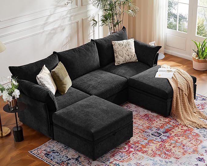 ABCASA 102.6" U Shaped Modular Sectional Sofa, 5 Seater Couch with Storage Ottoman Deep Seat and High Backrest with Removable Cover for Living Room, Apartment - Chenille Black