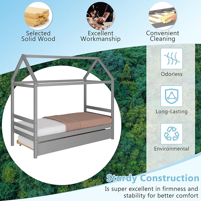 Giantex House Bed with Trundle, Solid Wood Twin Size Daybed for Girls & Boys, Kids Platform Bed Frame with Roof for Bedroom, No Box Spring Needed, Grey
