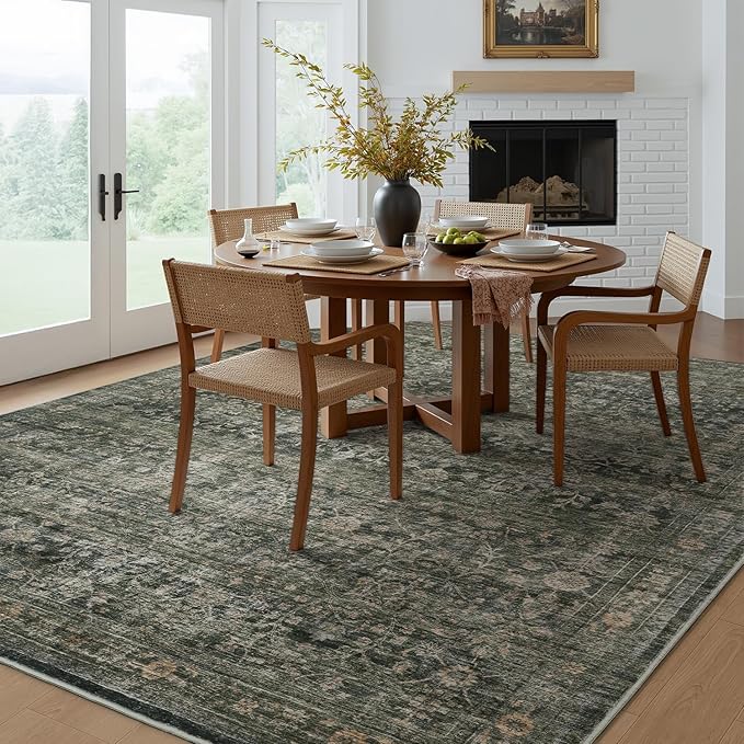 MontVoo-Vintage Area Rugs 8X10 Green Rugs for Living Room-Soft Distressed Printed Rugs for Bedroom-Non Slip Carpet-Machine Washable Rug for Dining Room Living Room Bedside Office