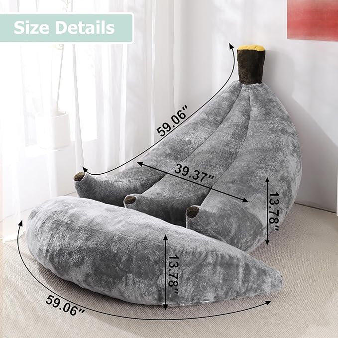 Banana Bean Bag Chair with Ottoman, Floor Sofa Bed with Footrest, Comfy Convertible Lounger for Adults, Plush Couch for Bedroom, Living Room or Dorm, L-Grey