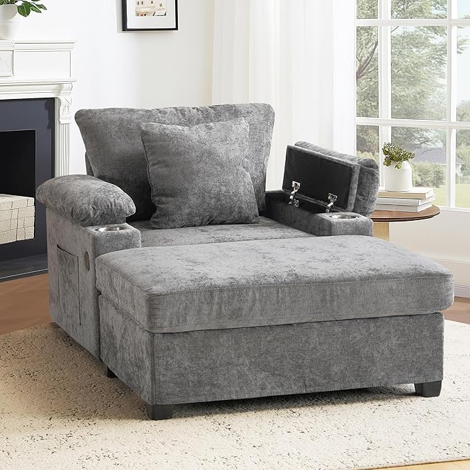 SUNWAVE 58" Chaise Lounge Chair with Ottoman, Chenille Fabric Sofa Bed, Accent Chair with Cupholders & USB Charging Ports for Living Room, Bedroom, Apartment (1 Chaise Misty Gray)