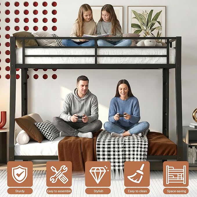 Full XL Over Queen Bunk Bed Frame, Heavy Duty Metal Loft Bed for Adults/Teens, 400/600LB Capacity w/Ladder & Guardrail, Noise-Free Steel Slats, No Box Spring Required, Black