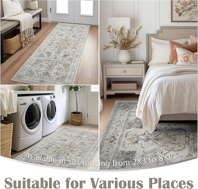 jinchan 3x5 Machine Washable Area Rugs for Entryway - Distressed Vintage Floral Ultra-Thin Low-Pile Soft Non-Shedding Indoor Floor Carpet for Kitchen Bedroom Entrance Laundry Living Room(3x5ft, Taupe)