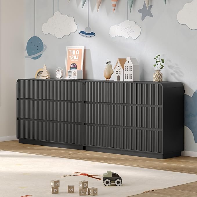 Dresser for Bedroom with 6 Drawers, Fluted Chest of Drawers with Round Curved Corner, Hidden Handles, Modern Wood Storage Organizer for Bedroom, Nursery, Living Room