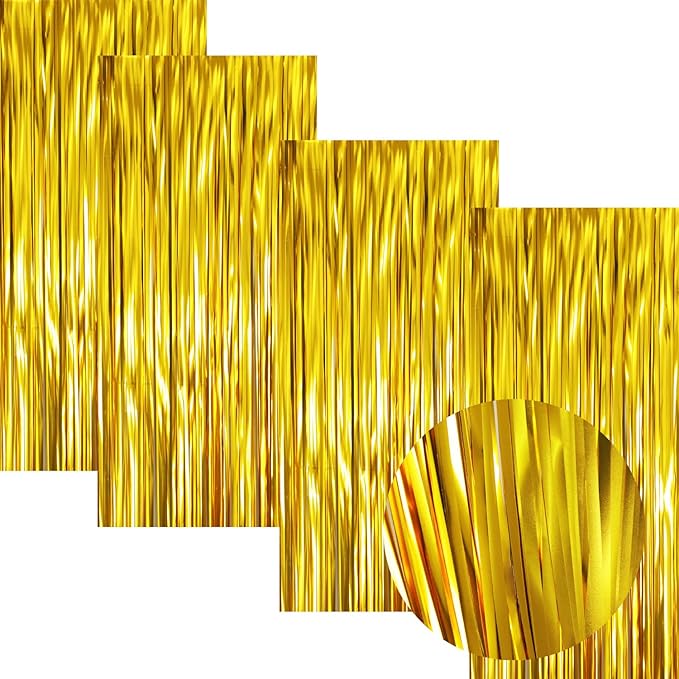 GOER 3.2 ft x 9.8 ft Metallic Tinsel Foil Fringe Curtains Party Photo Backdrop Party Streamers for Birthday,Graduation,New Year Eve Decorations Wedding Decor (4 Pcs,Matte Gold,Thick Material)