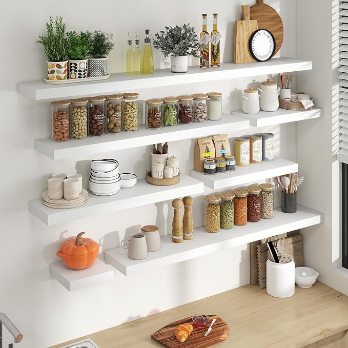 24 Inch Floating Shelves for Wall, 8 Inch Deep Floating Shelf for Storage & Display, Rustic Wall Mounted Shelf with Invisible Brackets for Living Room, Kitchen, Bathroom, Home Decor, Set of 2, White