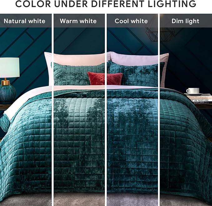 RECYCO Luxury Velvet Quilt Set King Size, Lightweight Velvet Comforter Set, Oversized Bedspread Coverlet Quilted Bedding Set, with 2 Matching Pillow Shams, for All Season, Teal