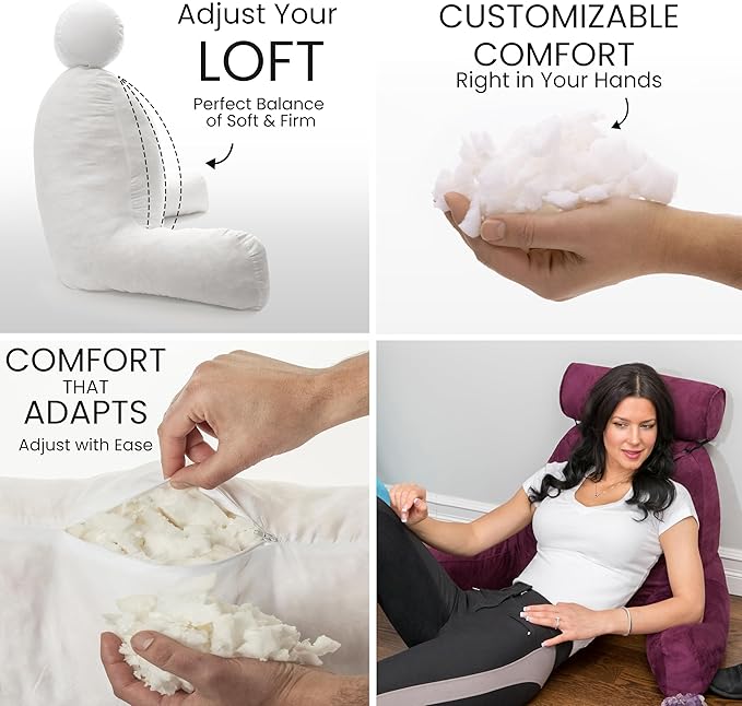 Husband Pillow XXL Aspen Edition, Adult Reading Sit Up Bed Rest Pillow for Bed with Arms & Neck Roll on Bungee Cord - Premium Memory Foam - Reversible 2 Sided Cover Micro Suede or Plush, Mauve Purple