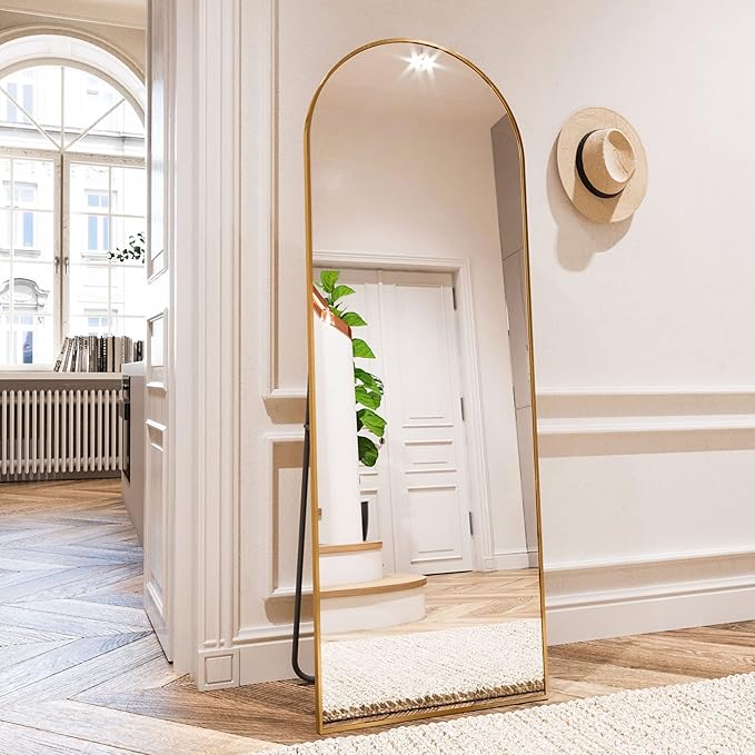 HARRITPURE 64"x21" Arched Full Length Mirror Free Standing Leaning Hanging Mounted Mirror Aluminum Frame Modern Simple Home Decor for Living Room Bedroom Cloakroom, Gold