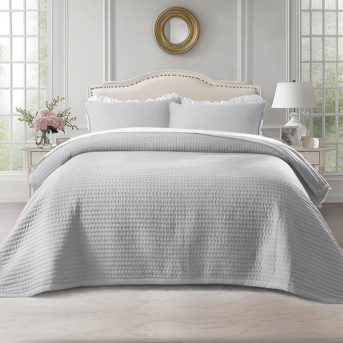 KASENTEX Queen Quilt Set 90"x90" – Soft Washed 3-Layer Lightweight Bedspread, Minimalist Nordic Design, All-Season Spring & Summer Quilt Set (1 Quilt + 2 Pillow Shams), Gull