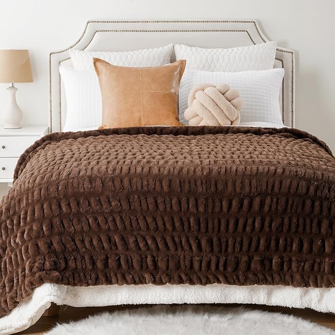 BATTILO HOME Chocolate Brown Faux Fur Throw Blanket for Couch, Double Side Reversible Ruched Rabbit Fur Blanket for Couch, Bed, Super Soft Cozy Warm Mink Blanket, 50x60 Inches
