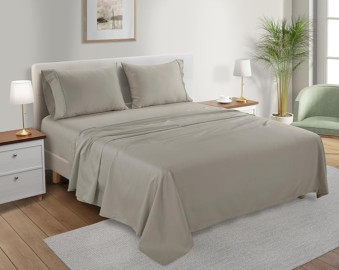 Organic Cotton Sheets Queen Size Bed Set Deep Pockets, 4 PC Cotton Queen Sheet Set, Soft Breathable Sateen Weave Elasticated Sheet & Pillowcase Sets, No Pill & Shrink, Machine washable- Silver
