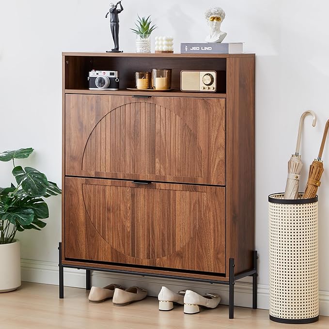 47" Fluted Large Shoe Cabinet with 4 Flip Drawers, Slim Freestanding Shoe Cabinet Organizer, Narrow Shoes Storage Rack for Entryway, 5 Sturdy Legs (All Walnut-2 drawers, 9.45"D x 31.5"W x 41.93"H)