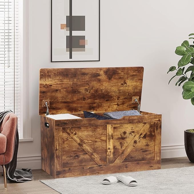 Timberer 39.4" Storage Chest, Wooden Storage Bench, Large Storage Trunk with 2 Safety Hinges, Entryway Shoes Bench for Living Room, Bedroom, Rustic Brown