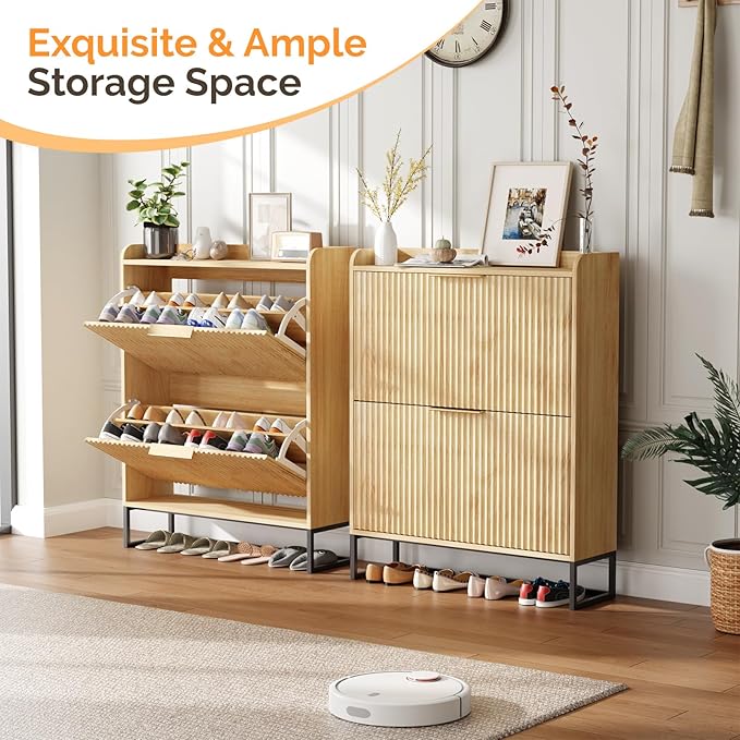 VINGLI Fluted Shoe Cabinet Storage for Entryway,Hidden Shoes Storage Cabinet with 2 Flip Drawers, Mid Century Modern Shoe Rack Organizer,Free Standing Shoes Organizer for Hallway(Natural Oak)