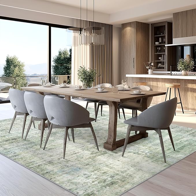 Abstract Rug 8x10 Large Living Room Rugs Neutral Modern Washable Area Rugs for Bedroom Dining Room Non-Slip Stain Resistant Foldable Thin Rug Green