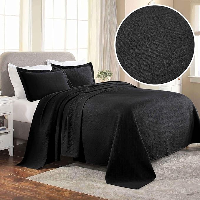 Superior 100% Cotton Basket Weave Bedspread with Shams, All-Season Premium Cotton Matelasse Jacquard Bedding, Quilted-Look Geometric Basket, Queen, Black