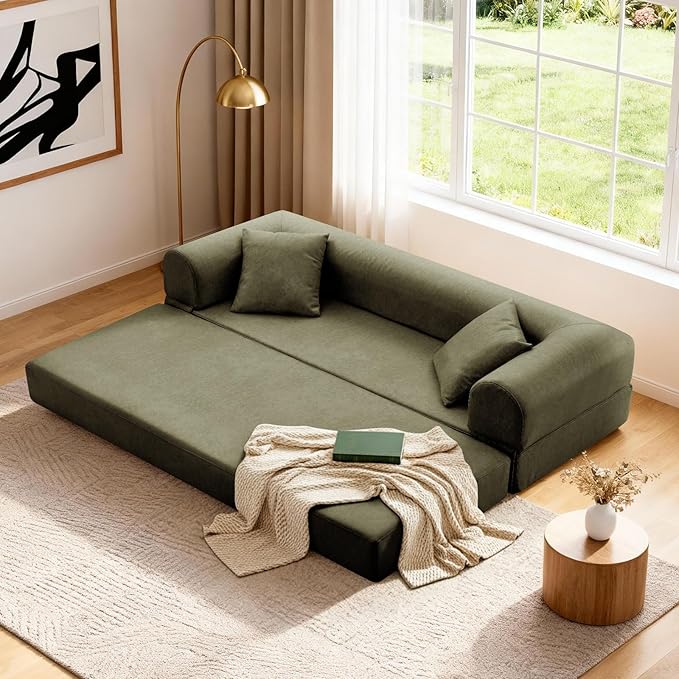 Convertible Folding Sofa Bed,78.5 Inch Faux Leather Futon Couch with Pillows & Storage Pocket,5-in-1 Queen Sleeper Sofa in a Box with Pull Out Bed,Boneless Couch for Living Room Bedroom,Green