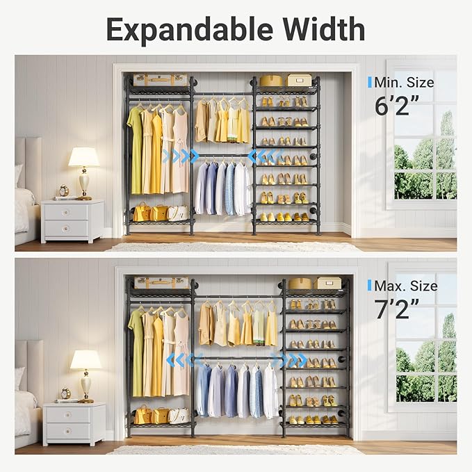 Timate S3 Wall Mounted Clothes Rack for Hanging Clothes Adjustable Width from 6'2" to 7'2", Expandable Freestanding Heavy Duty Hanging Garment Rack with 8-Tier Shoe Rack, Max Load 1050LBS, Black