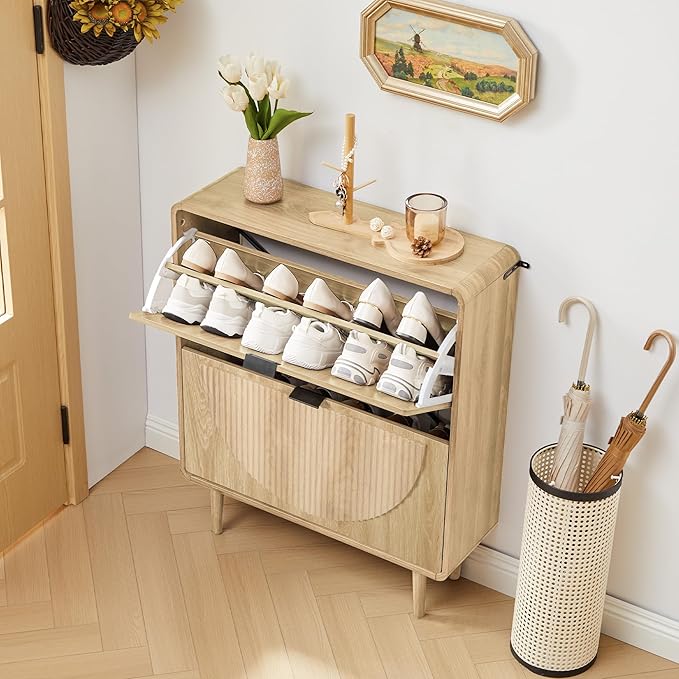 Turtle&Myrtle Modern Shoe Storage Cabinet for Entryway, Narrow Shoe Organizer Cabinet, 2-Tier Flip Down Drawers, Small Freestanding Hidden Wood Slim Shoe Rack,Round Fluted Pattern (Natural)
