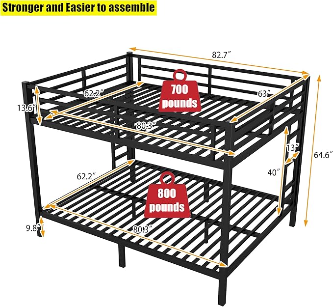 SIGONE Stronger & Safer Heavy Duty Queen Over Queen Size Bunk Bed for Adults Teens, Thickened More Stable Metal Bunkbed Frame (Greater Weight Capacity) (Queen Over Queen-A)