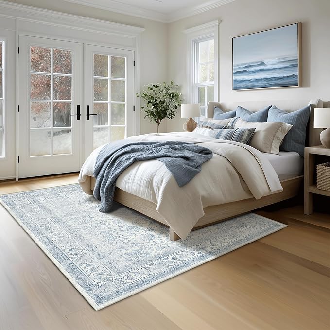 FMFUNCTEX 4x6 Washable Area Rug Blue Neutral Vintage Non Slip Low Pile Traditional Indoor Carpet for Entryway Living Room Bedroom Soft Retro Floral Mat Throw Rug for Dining Office Kitchen Entryway