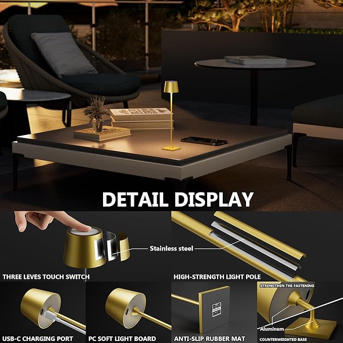 Modern LED Color-Changing Cordless Table lamp, 7 Colors, metal Shade, Touch control with sleep mode for Restaurant, Bedroom, Outdoor Camping, Coffee Shop, Night Light, Rechargeable (Golden 1PACK)