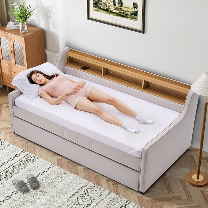 Twin Size Daybed with Pop Up Trundle Bed, Linen Fabric Upholstered Day Bed Frame with w/LED/USB/Type C/Storage Headboard, Twin to King Daybed for Living Room Bedroom, No Box Spring Needed, Beige
