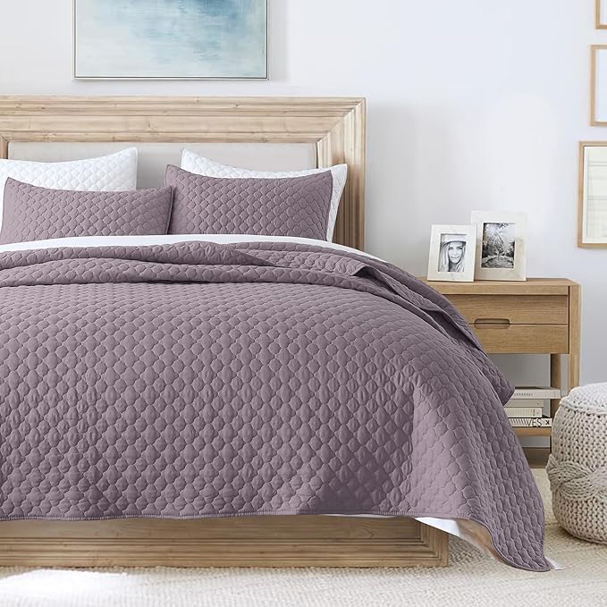 HORIMOTE HOME Quilt Twin Size Grayish Purple, Lightweight Quilt for Summer Ultra-Soft Microfiber Modern Style Quilted Clouds Pattern Bedspread Quit Set 2 Pieces (1 Quilt and 1 Pillow Sham)