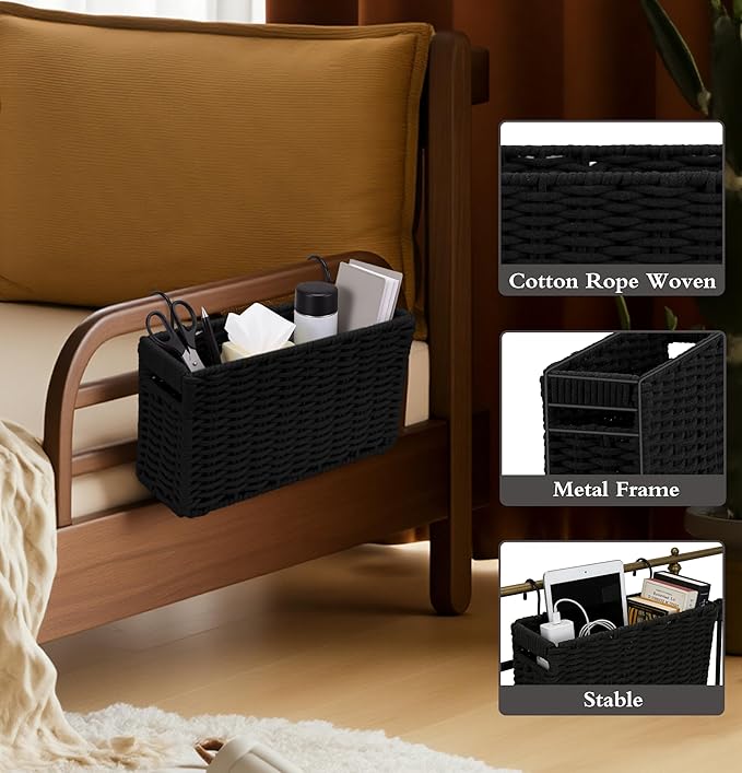 Cotton Rope Woven Bedside Caddy for Dorm Bed, Foldable Bedside Shelf Bunk Bed Accessories, College Dorm Room Essentials Hanging Organizers Storage Basket, Room Decor Magazine File Holder (Black)