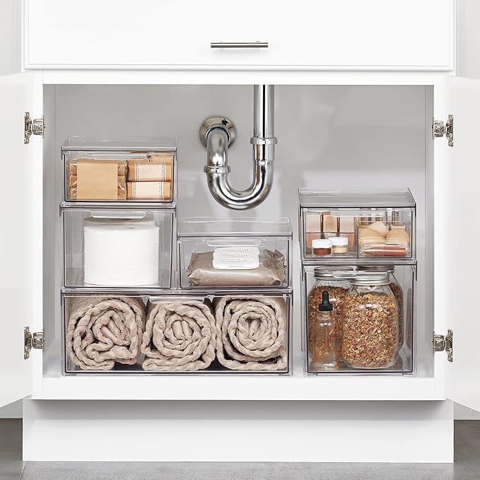 mDesign Plastic Stackable Bathroom Storage with Pull Out Bin Organizer Drawer for Cabinet, Vanity, Shelf, Cupboard, Cabinet, or Closet Organization - Lumiere Collection - Clear