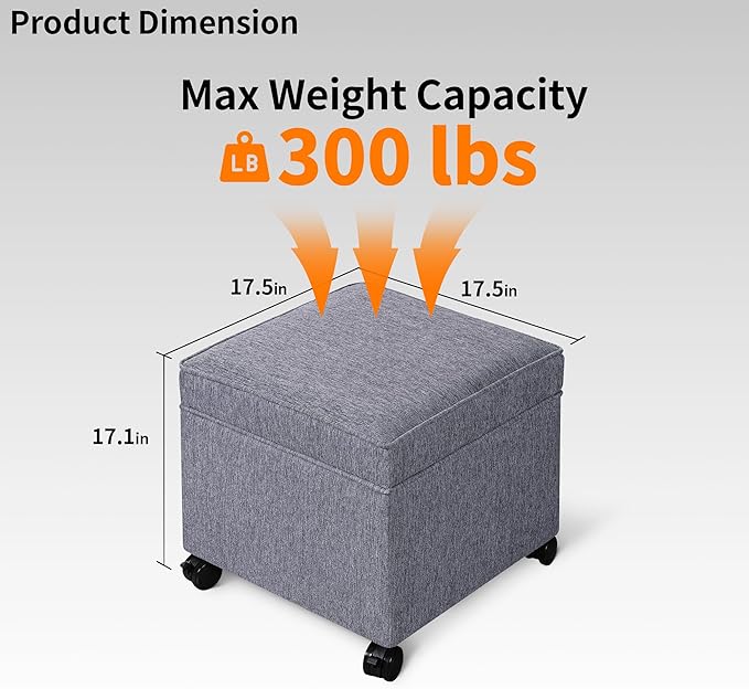 Adeco 17.5" Grey Square Storage Ottoman with Wheels, Modern Cotton Linen Foot Stool with Rollers - Movable & Convenient & Practical, Small Footstool for Living Room, Bedroom
