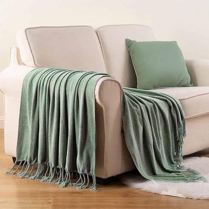 BATTILO HOME Sage Green Throw Blanket for Couch, Bed, Sofa - Soft Cozy Sage Chenille Throw with Fringe Tassels, Lightweight Green Knit Throw for Spring Home Decor, 50"x60"