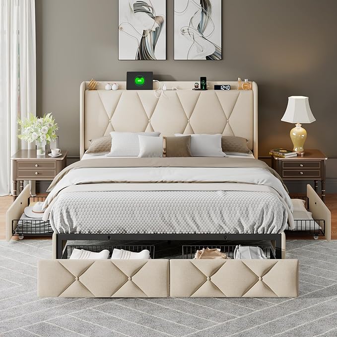 Feonase Queen Bed Frame with 4 Storage Drawers, Upholstered Button Tufted 4" Storage Headboard with Fast Charging Station, Heavy Duty Slats Support, No Box Spring Needed, Noise-Free, Beige