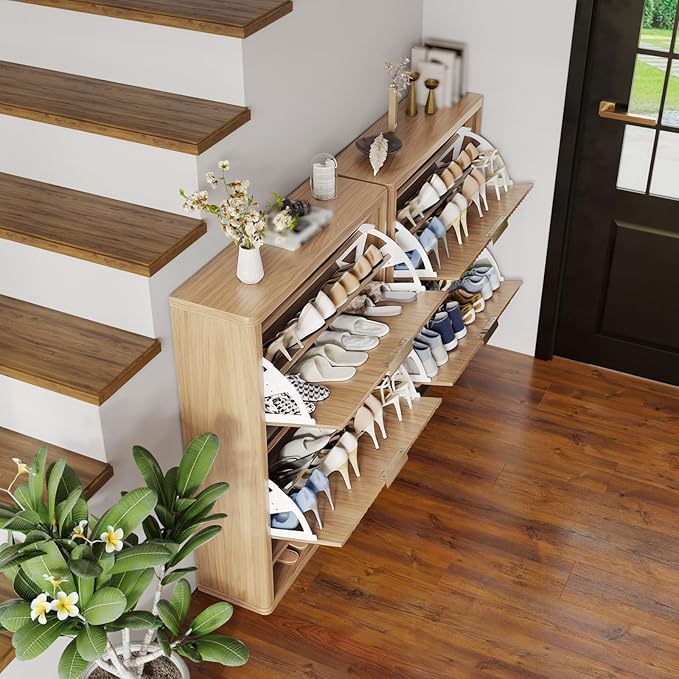 Fluted Shoe Cabinet Storage with 2 Flip Drawers, Narrow Shoe Storage Organizer for Entryway, Hidden Slim Wooden Shoe Rack Cabinet for Front Door Entrance, Hallway, Living Room (2-Drawer, Oak)
