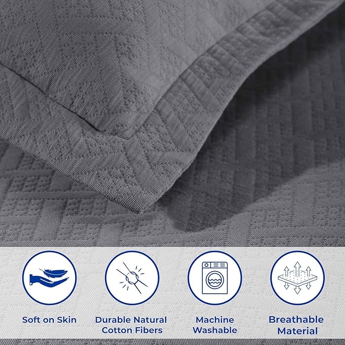 Superior 100% Cotton Basket Weave Bedspread with Shams, All-Season Premium Cotton Matelasse Jacquard Bedding, Quilted-Look Geometric Basket, Queen, Grey