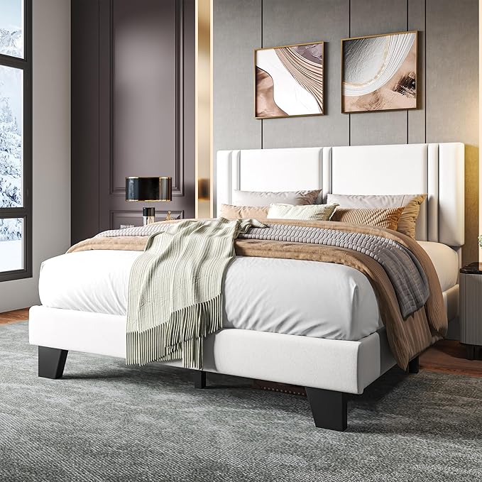 Upholstered Queen Size Bed Frame with Velvet Fabric Headboard, Strong Wooden Slats Support, Noise Free, No Box Spring Needed, White