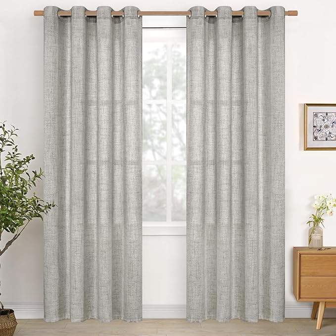 YoungsTex Dark Grey Linen Curtains 84 Inch Length 2 Panels, Light Filtering Semi Sheer Window Treatments with Bronze Grommet Privacy Textured Drapes for Living Room Bedroom Dining, 52 X 84 Inch