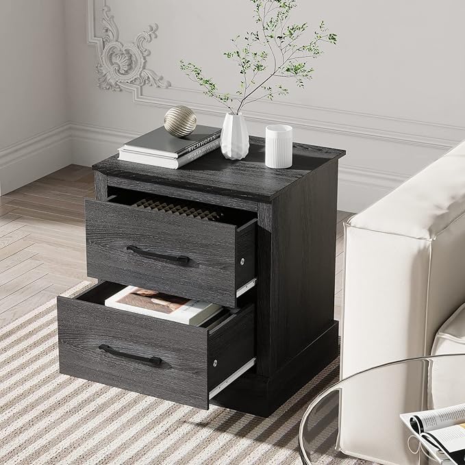 Giantex Farmhouse Nightstand, Wood Bedside Table with 2 Storage Drawers, Compact Floor Night Stand End Table, Accent Sofa Side Table for Bedroom, Grey Oak