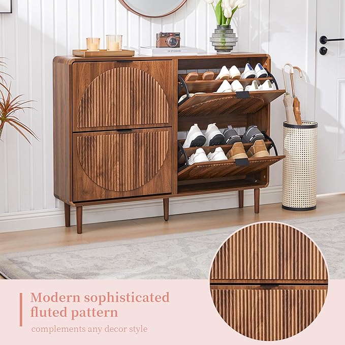 Turtle&Myrtle Narrow Fluted Shoe Cabinet for Entryway, Slim Hidden Shoe Rack, Wooden Freestanding Shoe Storage Organizer with 4 Flip Drawers, Hallway, Living Room, Foyer (Walnut)