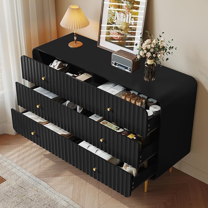 HLR Fluted 6 Drawers Dresser, 48'' Wide Modern Chest of Drawers with Gold Metal Handles,Dresser TV Stand for 2 Piece, Wood Dressers & Chest of Drawers for Bedroom, Living Room, Hallway (Black)